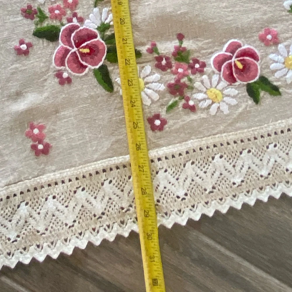 Embroidered Floral Cream Tablecloth with Lace Trim 30”/30” approx.